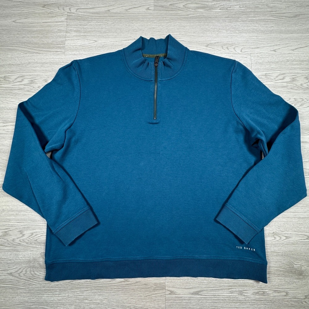 Ted Baker Mens Quarter Zip Pullover Antram Teal Blue Size 5 XL Logo Sweatshirt